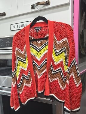 Express Red Open-Front Chevron Knit Cardigan with Multicolor Accents